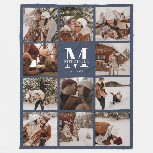 Couverture Polaire Photo de famille moderne Collage Monogramme Marine (Devant)