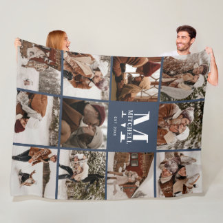 Couverture Polaire Photo Instagram moderne Collage photo Navy Monogra