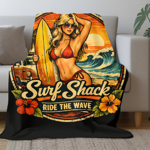 Couverture Polaire Pin-Up Surfeur Surf Shack Surfer les Vagues Plag