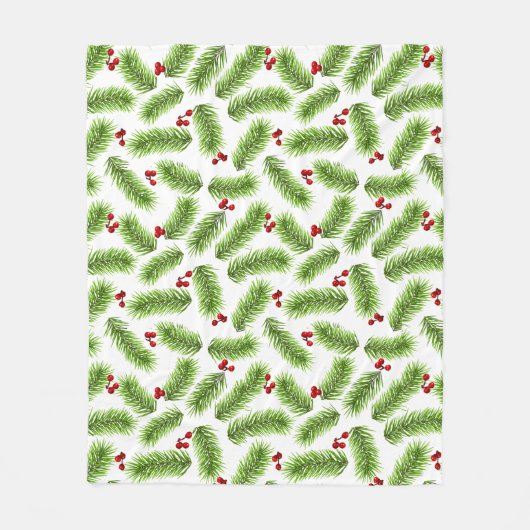 Couverture Polaire Pin vert de Noël Feuilles & Baies rouges en blanc (Devant)