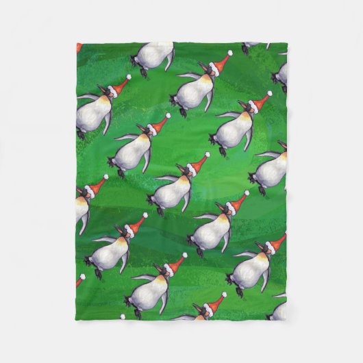 Couverture Polaire Pingouin à Santa Hat Motif sur Vert (Devant)
