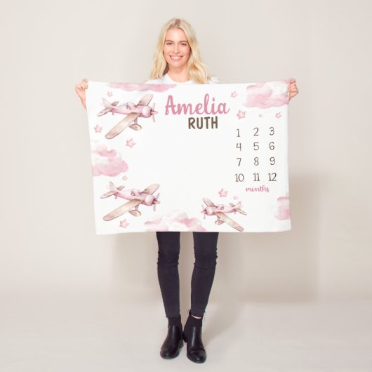 Couverture Polaire PINK AIRPLANE MILESTONE Couverture, Bébé personnal (En situation)