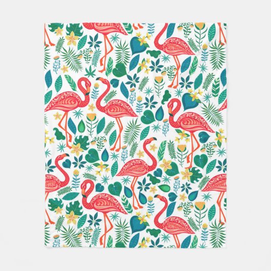 Couverture Polaire Pink Flamingos and Tropical Flowers Pattern (Devant)