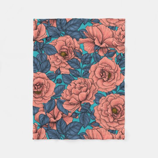 Couverture Polaire Pink roses with blue leaves on blue (Devant)