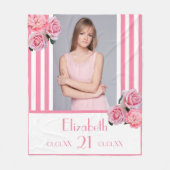 Couverture Polaire Pink stripes floral photo nom 21e anniversaire (Devant)