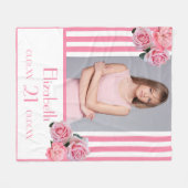 Couverture Polaire Pink stripes floral photo nom 21e anniversaire (Devant (Horizontal))