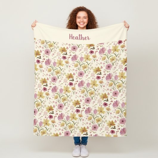 Couverture Polaire Pink Watercolor Wildflower Monogram Name