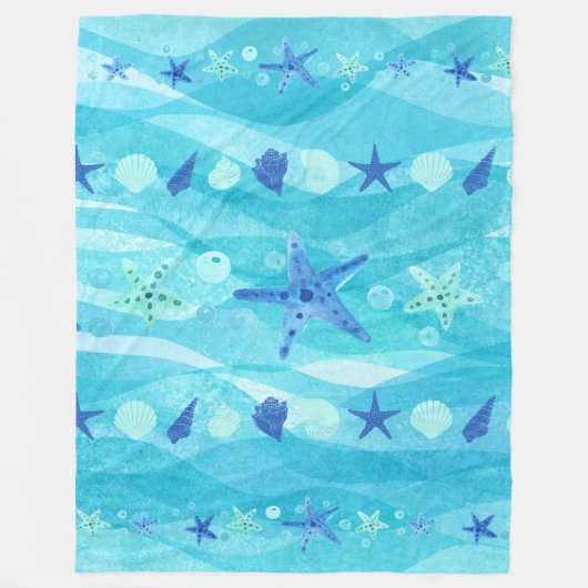 Couverture Polaire Plage Blanket Blue Starfish Seashell Ocean Waves (Devant)