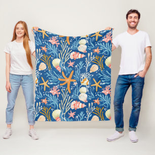 Couverture Polaire Plage Rétro Coquillages Orange Rose Jaune Bleu