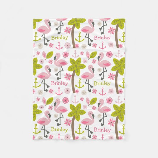 Couverture Polaire Plage rose de palmiers de Flamants roses (Devant)
