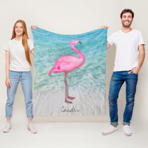 Couverture Polaire Plage sablonneuse tropicale de Flamant rose rose
