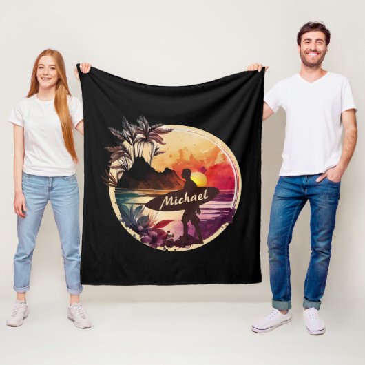 Couverture Polaire Plage Sunset Surfer Rétro (En situation)