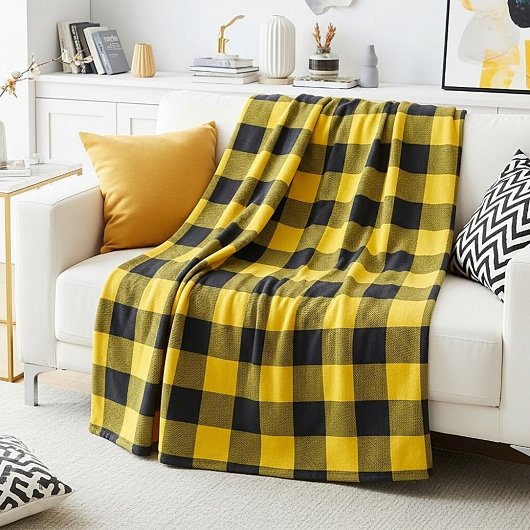 Couverture Polaire Plaid jaune et noir