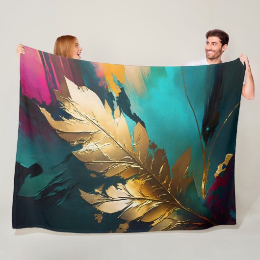 Couverture Polaire Plume Dorée – Élégance Abstraite Luxueuse (En situation)