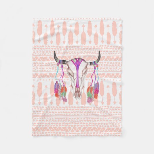 Couverture Polaire Plumes de crâne de Taureau d'aquarelle et Aztèque (Devant)