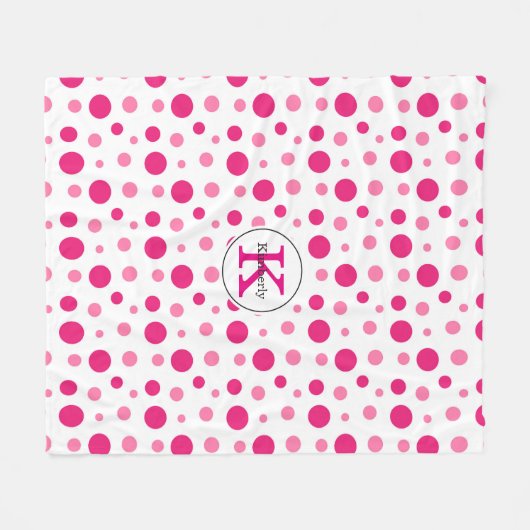 Couverture Polaire Pois rose vif Nom et monogramme personnalisés (Devant (Horizontal))