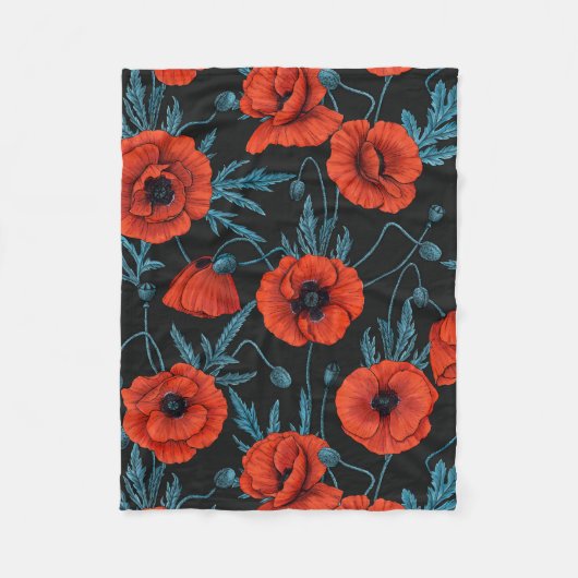 Couverture Polaire Poppies, rouge et bleu sur noir (Devant)