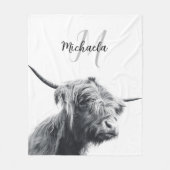 Couverture Polaire Portrait de vache Highland premier monogramme noir (Devant)
