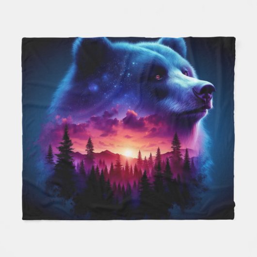 Couverture Polaire Portrait Ours Double Exposition Avec Coucher De So (Devant (Horizontal))