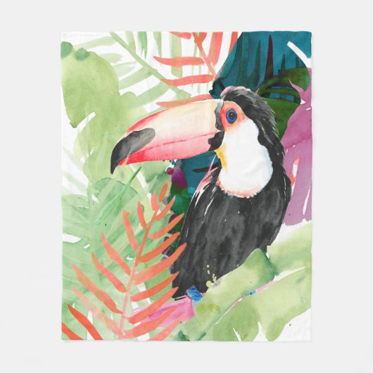 Couverture Polaire Portrait toucan avec Feuilles tropicaux (Devant)