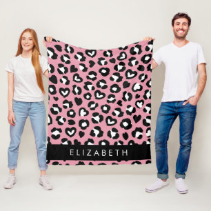 Couverture Polaire Poster de animal, Léopard Rose, Coeurs, Votre Nom