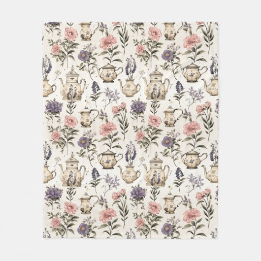 Couverture Polaire Pots de thé vintages et fleurs (Devant)
