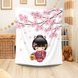 Couverture Polaire Poupée Kokeshi Sakura - Jolie Fille Geisha Japonai