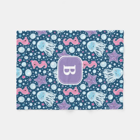 Couverture Polaire Pourpre bleu de méduses et d'hippocampes | du (Devant (Horizontal))