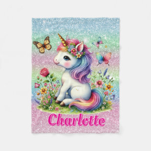 Couverture Polaire Prairie de licorne scintillante de fleurs sauvages