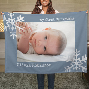 Couverture Polaire Premier Noël de bébé Dusty Blue Photo Snowflake