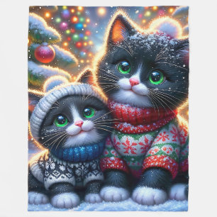 Couverture Polaire "Premier Noël des chatons de Tuxedo noirs et blanc