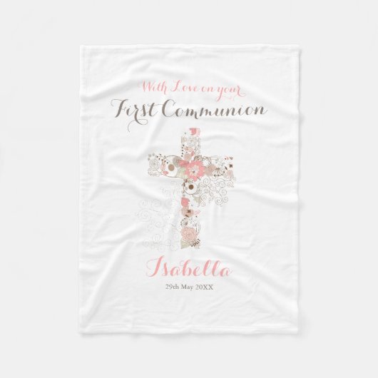 Couverture Polaire Première communion blanc floral nom fleece bla (Devant)