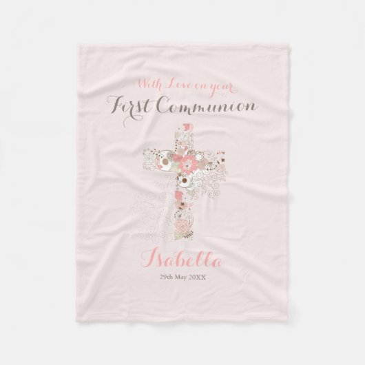 Couverture Polaire Première communion rose pâle nom croisé (Devant)