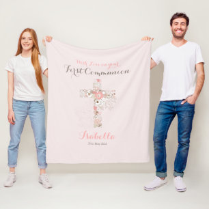 Couverture Polaire Première communion rouge rose floral nom de croix