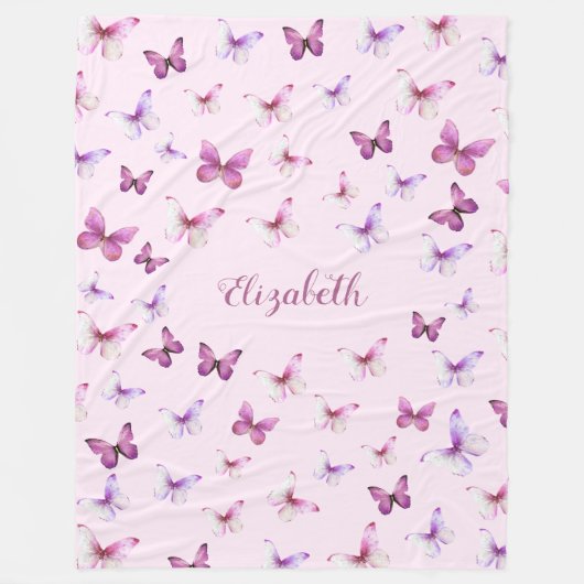 Couverture Polaire Pretty Pink Butterflies Custom Name Girl (Devant)