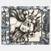 Couverture Polaire Princesse polynésienne Bleu Floral Tribal (Devant (Horizontal))
