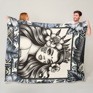 Couverture Polaire Princesse Polynésienne Fleurs Bleues Tribal