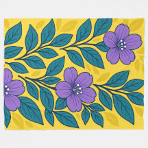 Purple Flowers & Teal Leaves on Yellow Background