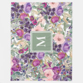 Couverture Polaire Purple Rose Sauge Vert Fleurs Boho Monogramme (Devant)