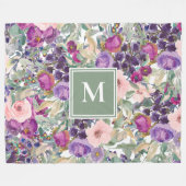 Couverture Polaire Purple Rose Sauge Vert Fleurs Boho Monogramme (Devant (Horizontal))