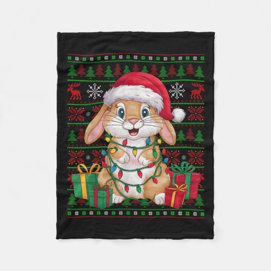 Couverture Polaire Rabbit Bunny Xmas Lights Ugly Santa Hat Bunny Chri (Devant)