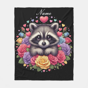 Couverture Polaire Raccoon personnalisé avec Fleurs et Coeurs