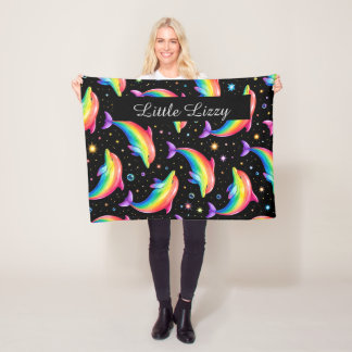 Couverture Polaire Rainbow Dolphin Fleece Blanket – Kids Custom Name