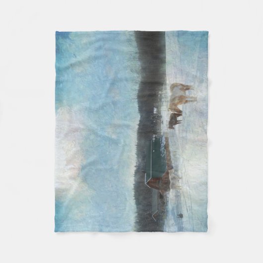 Couverture Polaire Ranch à cheval, granges et peinture à la neige (Devant)