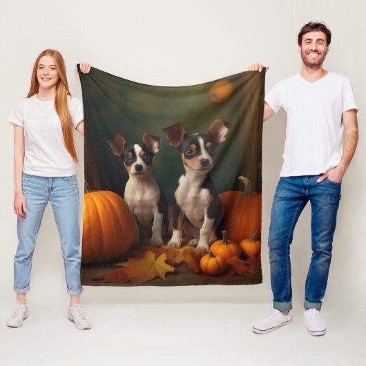 Couverture Polaire Rat Terrier Chiot Automne Citrouille délice (En situation)