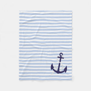 Couverture Polaire Rayures nautiques bleu-clair avec l'Ancre de bleu