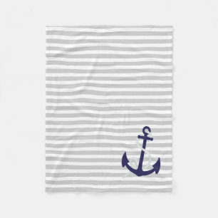 Couverture Polaire Rayures nautiques gris-clair avec l'Ancre de bleu