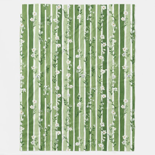 Couverture Polaire Rayures Vertes Fleurs Blanches (Devant)