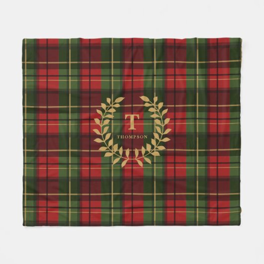 Couverture Polaire Red And Green Plaid With Custom Monogram Wreath (Devant (Horizontal))