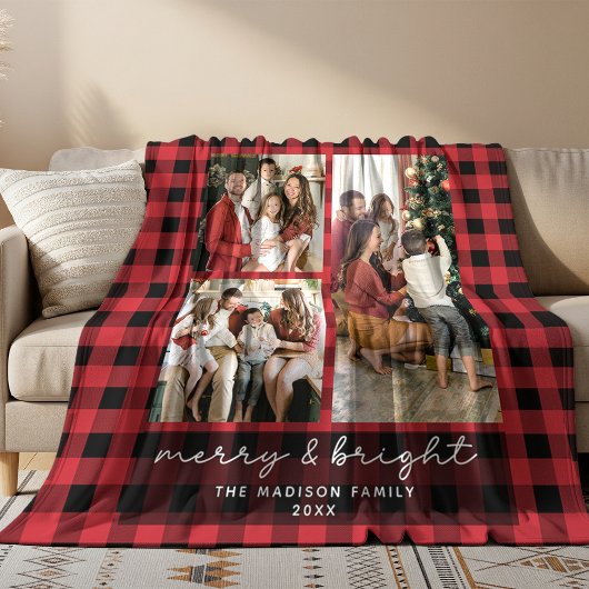 Couverture Polaire Red Buffalo Plaid Merry & Bright Christmas Photo